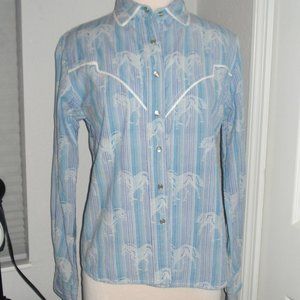 Adobe Rose Womens Western Shirt with Pearl Buttons Pastel Blue and Pink Sz Large